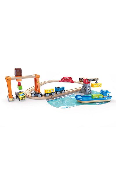 Hape Wooden Toy Set - Harbor With Trains, Ships And Trucks
