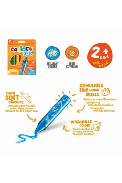CARIOCA Κηρωμένες χρωματιστές κηρομπογιές για παιδιά 2 ετών, Baby Wild Κηρομπογιές, 8 χρώματα