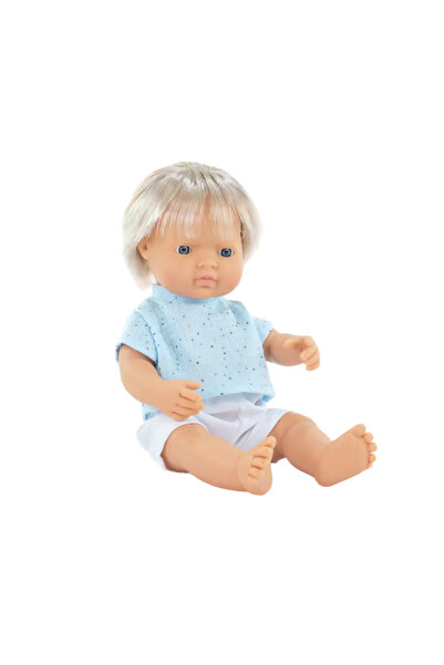 Miniland Ξανθιά Καυκάσια κούκλα αγόρι 38 εκ. με μπλε μπλουζάκι, αρωματικό σώμ...