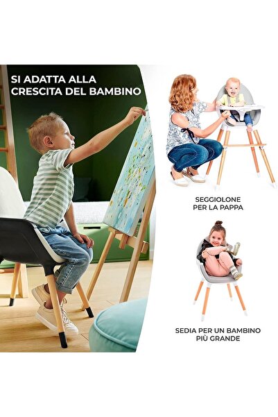Kinderkraft Καρεκλάκι φαγητού 2 σε 1, ξύλινα πόδια, ζώνη ασφαλείας, υποστήριξη ποδιών, διπλός δίσκος