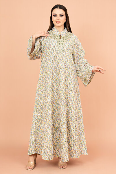 IKKXA جلابية مطرزة بياقة صينية مع نقشة مطبوعة