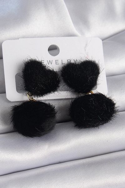 Clariss Black Feather Pompom Model Women's Earrings