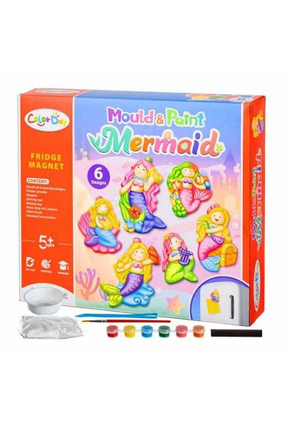 Micostore Plaster Figurines for Painting for Children, Complete Kit with Fridge Magnet, Mermaid Model