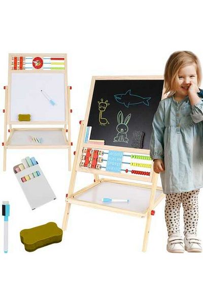 Micostore Magnetic Board for Children, Writing, Double-Sided, Wooden, Educational, Stand and Accessories, 67x41x32cm