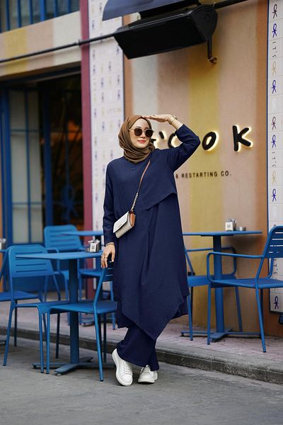NS Moda Navy Blue 495 Model Hijab Asymmetrical Tunic and Pants Set