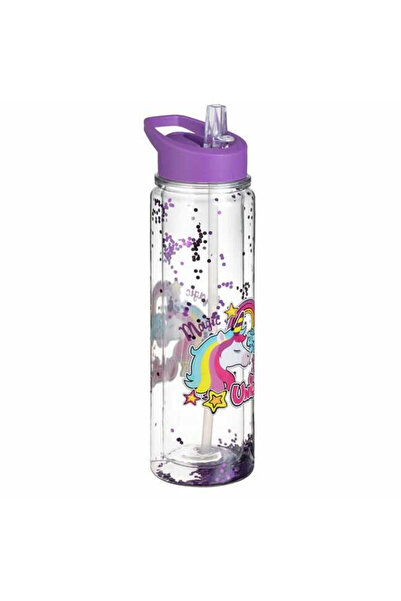 Micostore Sticla De Apa Copii,cu Pai, Maner,500 Ml,perete Dublu, Sclipici,unicorn Magic Glitter,διαφανές