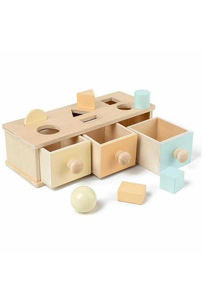 Micostore Cutia Permanentei Cu Sortator De Forme Geometrice Si 3 Sertare, Jucarie Montessori Din Lemn