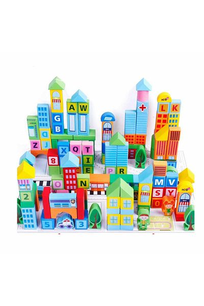Micostore Set of 100 Wooden Construction Cubes, Smart Town, Beilaluna Toys