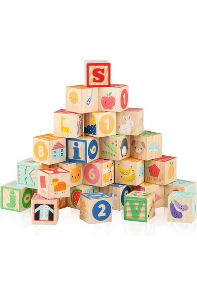 Micostore Set 26 Cuburi Din Lemn, Litere, Cifre, Animale, Obiecte, 18 Luni