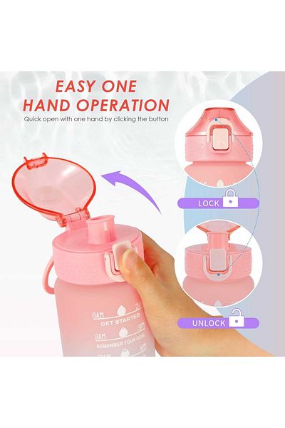Micostore Motivational Water Bottle, 600 Ml, Graduated, Tritan, Automatic Opening, Reusable, Pink-Blue