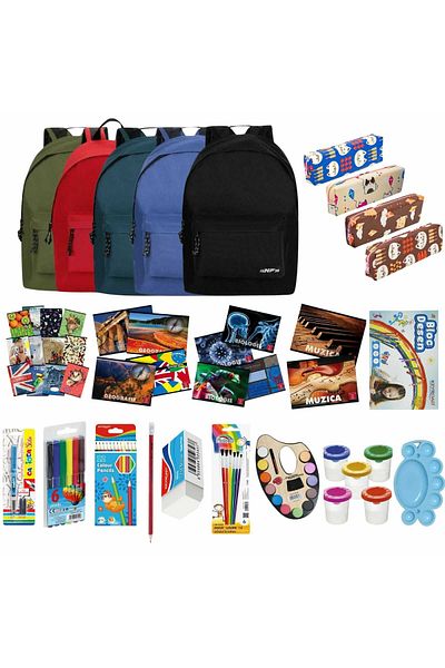 Micostore Ghiozdan echipat pentru scoala, echipare de baza pentru clasele 0 - 8 cu 16 rechizite scolare