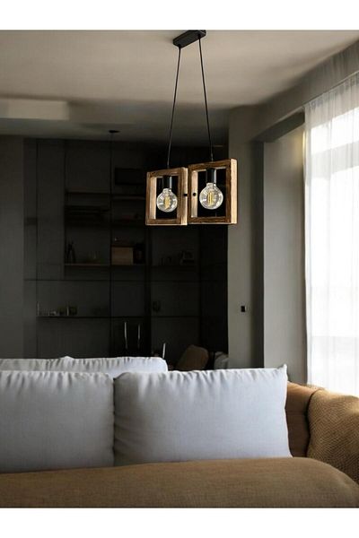 ONUR AVİZE Retro Rustic Decorative Antique 2-Piece Natural Wood Chandelier