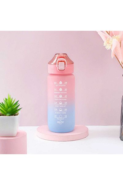 Micostore Motivational Water Bottle, 600 Ml, Graduated, Tritan, Automatic Opening, Reusable, Pink-Blue