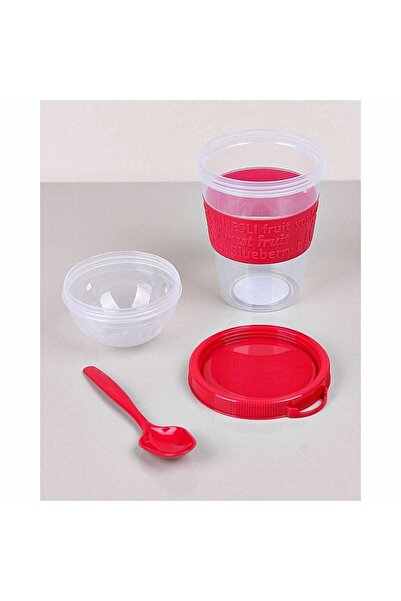 Micostore Κύπελλο γιαουρτιού με δοχείο δημητριακών και κουτάλι, 600 ml, διαφανές δοχείο, κόκκινο, για πακέτο