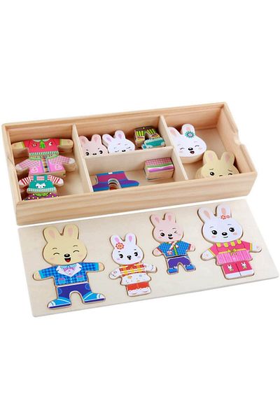 Micostore Dress Up the Bunny Family, Wooden Puzzle, Matching and Association Game