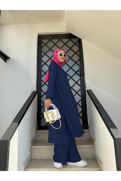 NS Moda Navy Blue 495 Model Hijab Asymmetrical Tunic and Pants Set