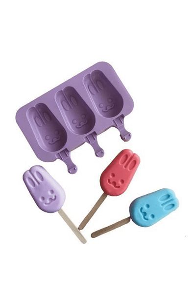 Micostore Silicone Ice Cream Mold, Bunnies, 3 Cavities With Silicone Lid 50 Sticks