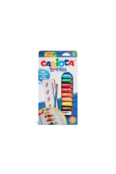 CARIOCA Acuarele Tempera La Tub, Pe Baza De Apa, 12 Culori 10 ml Cu Tavita Si Pensula
