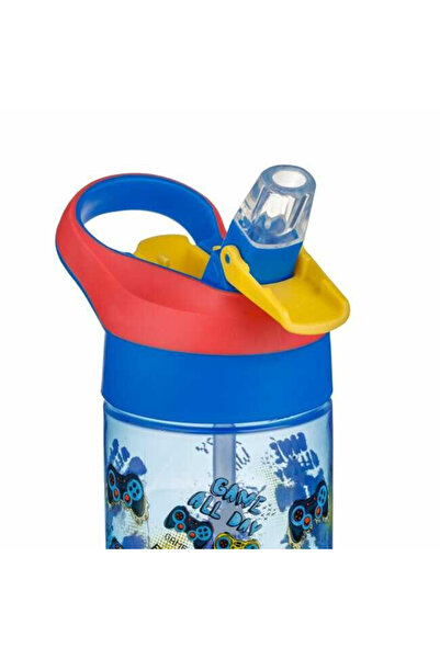 Micostore Παιδικό Μπουκάλι Νερού, Μπουκάλι με Καλαμάκι, 500 Ml, Gamer, Μπλε/Διαφανές, Αναδιπλούμενο, Σχολείου και Νηπιαγωγείου