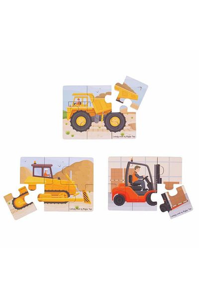 BIGJIGS Toys Set of 3 Wooden Puzzles - Construction Vehicles