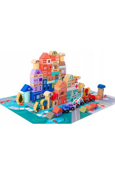 Micostore Set cuburi de construit din lemn - Orasel cu 115 piese