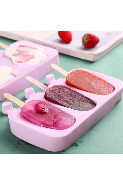 Micostore Popsicle Mold, 3 Comp. With Lid, 50 Wooden Sticks, Silicone Sticks, Purple, 20 X 14.5 Cm