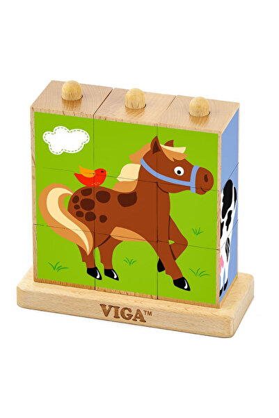 Viga Toys Cuburi Montessori Animale De Ferma, Puzzle 9 Piese