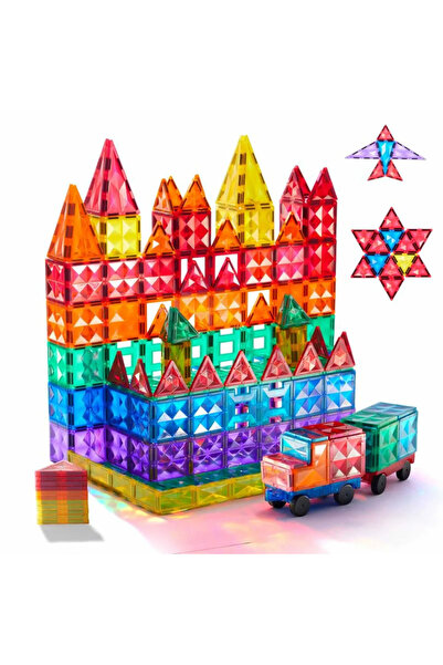 Mideer Set De Constructie Magnetic, 100 magna tiles si 2 masinute magnetice, Placi Magnetice Colorate