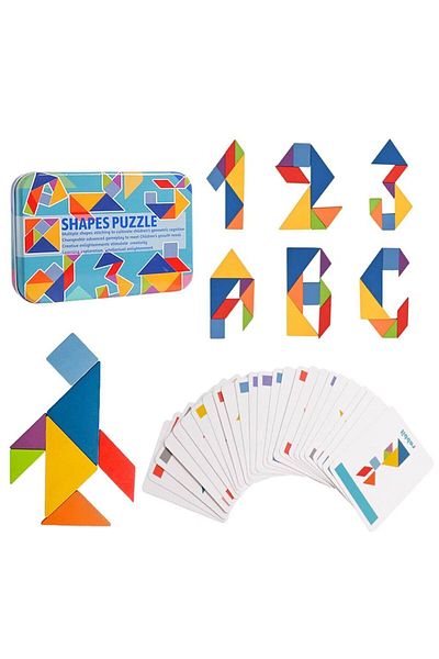 Micostore Tangram 7 Wooden Pieces in Metal Box, 60 Cards with 120 Figures and Shapes, 17 X 12 X 3 Cm