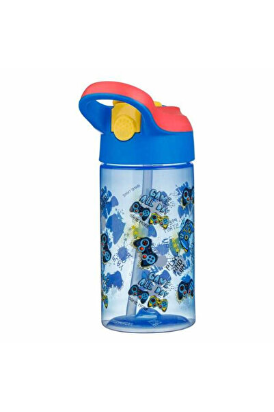 Micostore Παιδικό Μπουκάλι Νερού, Μπουκάλι με Καλαμάκι, 500 Ml, Gamer, Μπλε/Διαφανές, Αναδιπλούμενο, Σχολείου και Νηπιαγωγείου