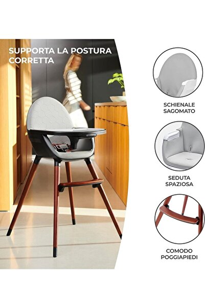 Kinderkraft Καρεκλάκι φαγητού 2 σε 1, ξύλινα πόδια, ζώνη ασφαλείας, υποστήριξη ποδιών, διπλός δίσκος