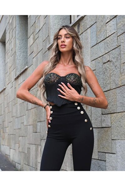 ADA MODA Pantaloni evazati cu talie inalta accesorizati cu nasturi