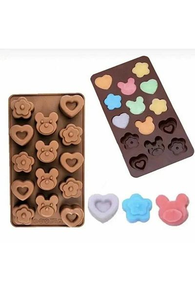 Micostore Silicone Chocolate Candy Mold, 14 Cavities, Teddy Bears, Hearts And Flowers Pattern