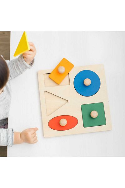 Micostore Puzzle Lemn Montessori Cu Maner, 5 Forme Geometrice, Incastru, 20 X 15 Cm