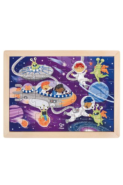 Hape 2 In 1 Wooden Puzzle - Space Friends (50 PIECES), With Double Side And Coloring Activity