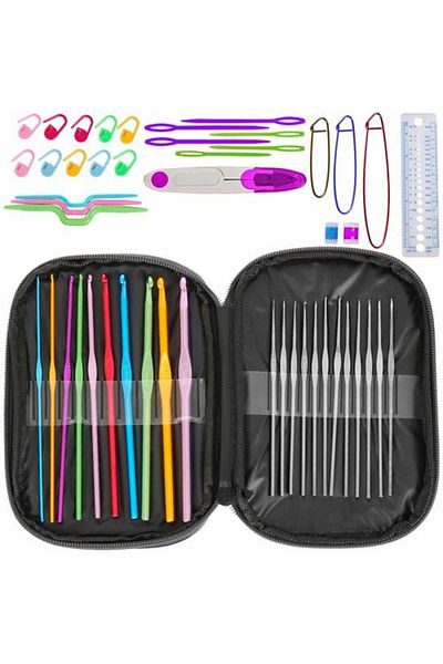 Micostore Set Profesional De Crosetat Si Tricotat, 50 De Piese, 12 Andrele Subtiri Argintii,10 Andrele Groase