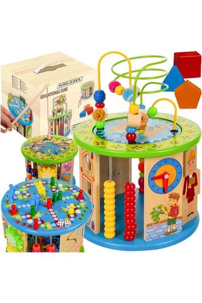 Micostore Cub educațional din lemn - Centru de activități multifuncțional 11 în 1, 31 x 21,5 x 21,5 cm