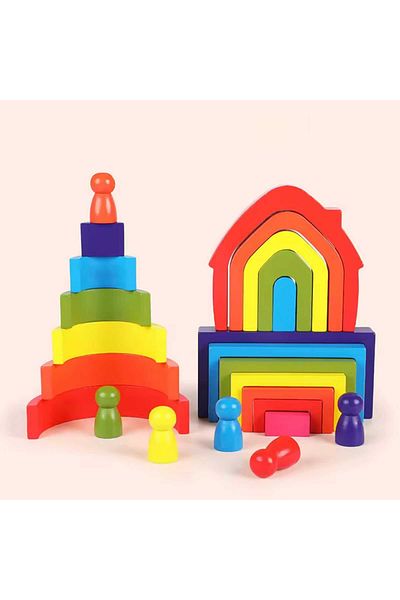 Micostore Montessori Stacking Toys, Open-ended, Rainbow Colors, 24 Wooden Pieces, Rainbow Stacker