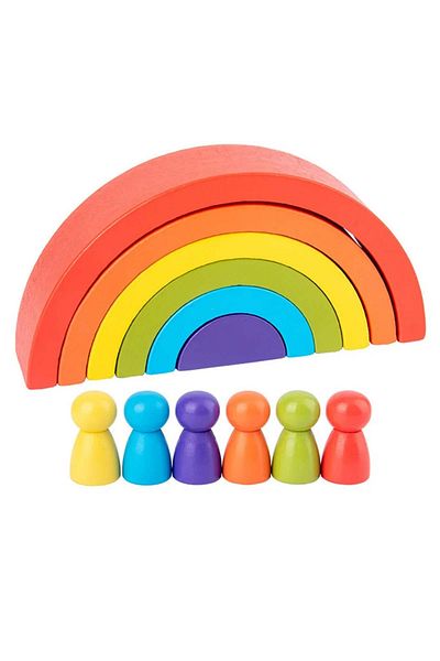 Micostore Montessori Wooden Rainbow Set With 6 Semicircles And 6 Colorful Dwarfs, Multicolor