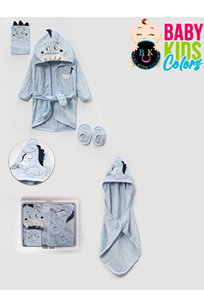 baby kids colors Kutulu 4 Parça Dinazor Kapşonlu %100 Pamuk Bebek Bornoz Takımı