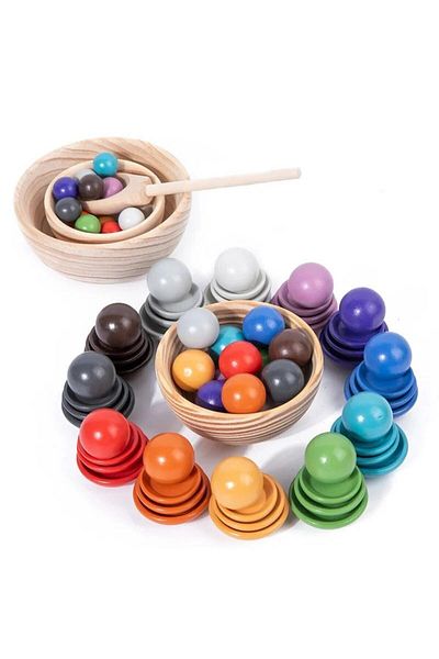 Micostore Fine Motor Game, Montessori, Sorting Colored Wooden Balls, With Spoon And Bowls, 77 Pieces