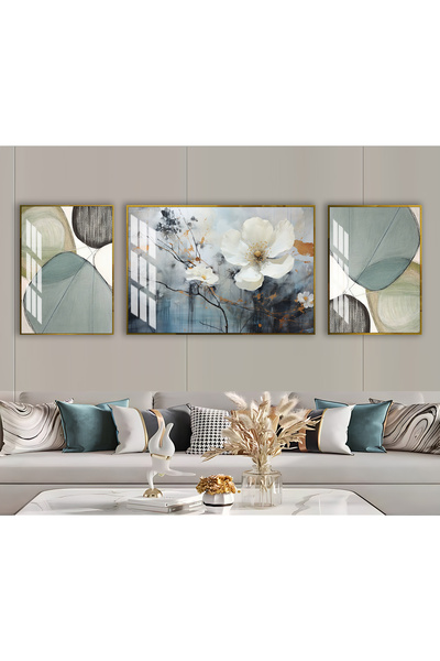 Harikabirev HARİKABİREV|YEŞİL-MAVİ SOYUT BOHEM ÇİÇEK KOMBİNİ |ÇERÇEVELİ TEMPE...