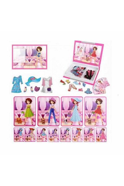 Micostore Carte magnetica puzzle,Imbraca Printesa,Fashion,73 piese magnetice,12 carduri,Joc Educativ STEM