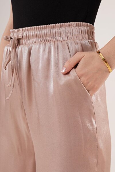 Pazarcan Beige Wide Leg Trousers with Shiny Look Pockets