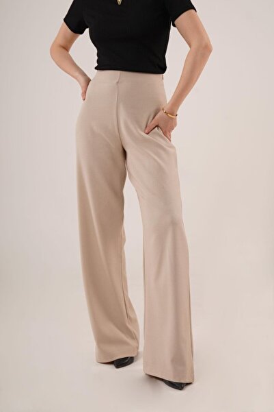 buğrahayalin    Wide Leg Side Zipper Cream Fabric Trousers