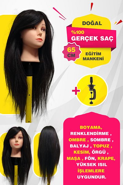 TAM TARZ 100% Real Hair Hairdresser Training Mannequin + Table Apparatus / Black / 65 cm