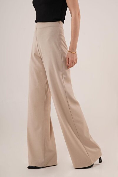 buğrahayalin Wide Leg Side Zipper Cream Fabric Trousers