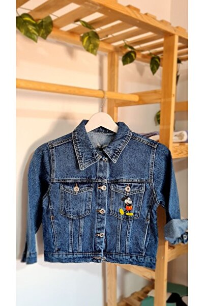 ALZEY GİYİM Kız/erkek Çocuk Mickey Temalı Kot Ceket - Jean Ceket - Mavi Renk