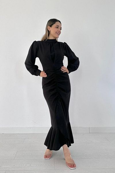 Modayakamoz Rochie neagră cu mânecă lungă cu volan