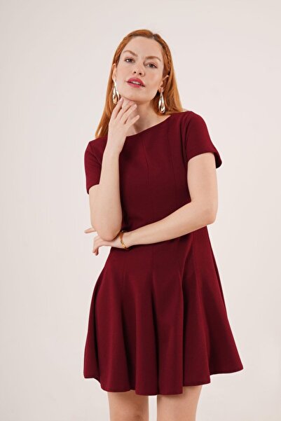 TUA MODA Tua Moda Front Seam Detailed Bell Model Claret Red Dress